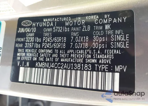 2010 Hyundai Veracruz Limited z USA, uszkodzony, nr VIN KM8NU4CC2AU138183
